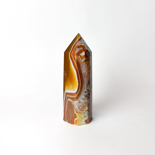 Agate crystal with brown and yellow patterns on a white background